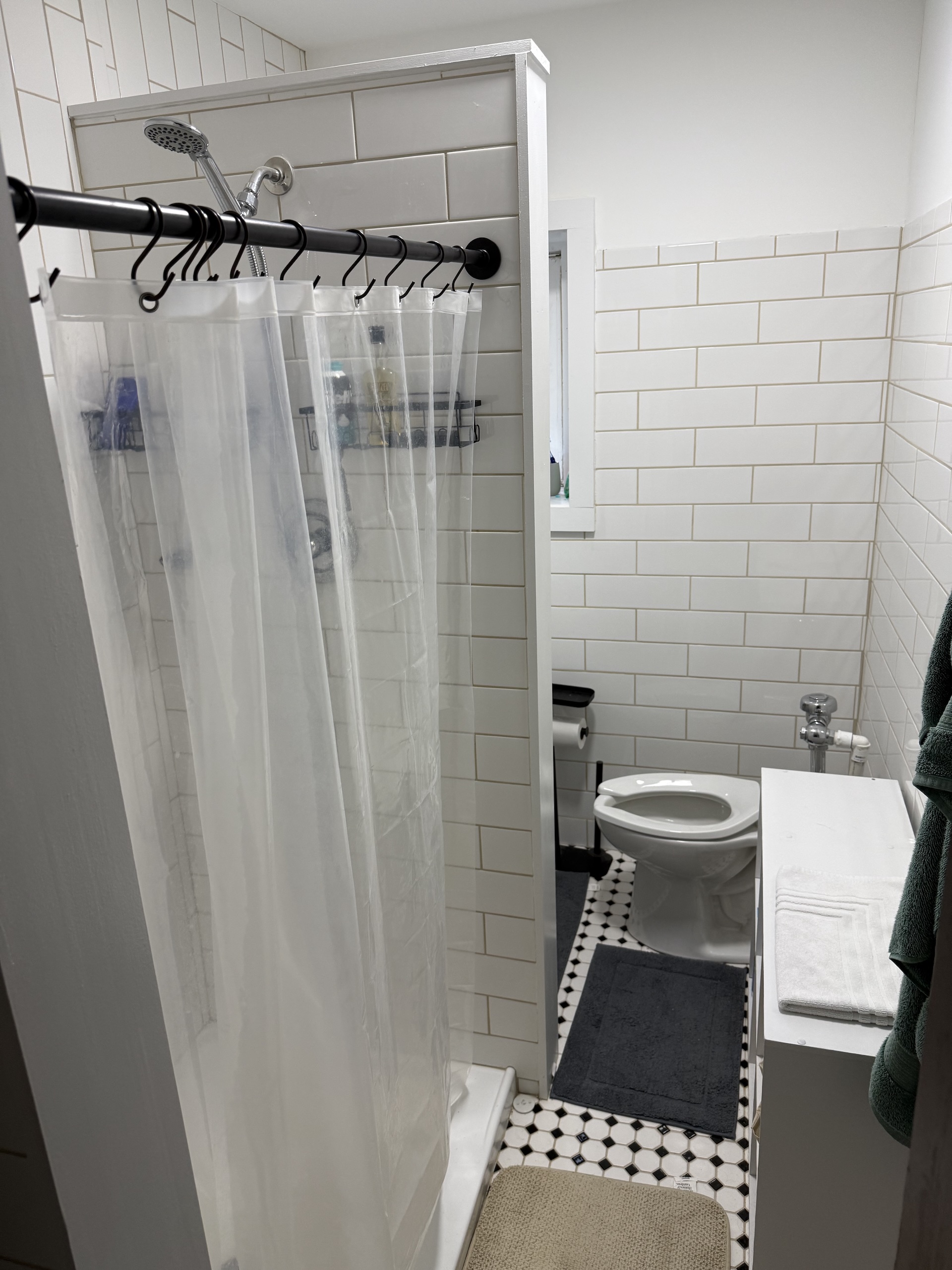 Renovated bathroom with shower and penny tile floor